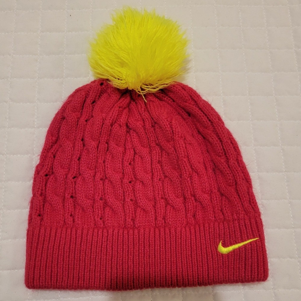 Nike Girls Size 4/6X Hot Pink Cable Knit‎ Beanie Yellow Pom Pom Hat Barbiecore